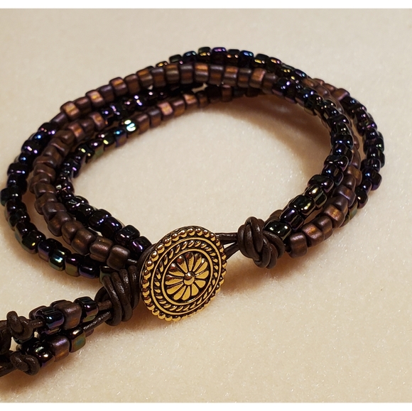 Jewelry - Gypsy Wildflower Bracelet with Cinnamon Spice Beads and Greek Leather